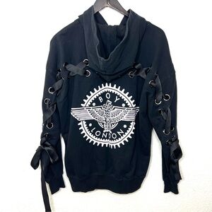 Boy London Eagle Oversized Pullover Hoodie Lace Up Sleeves Black Size Large XS